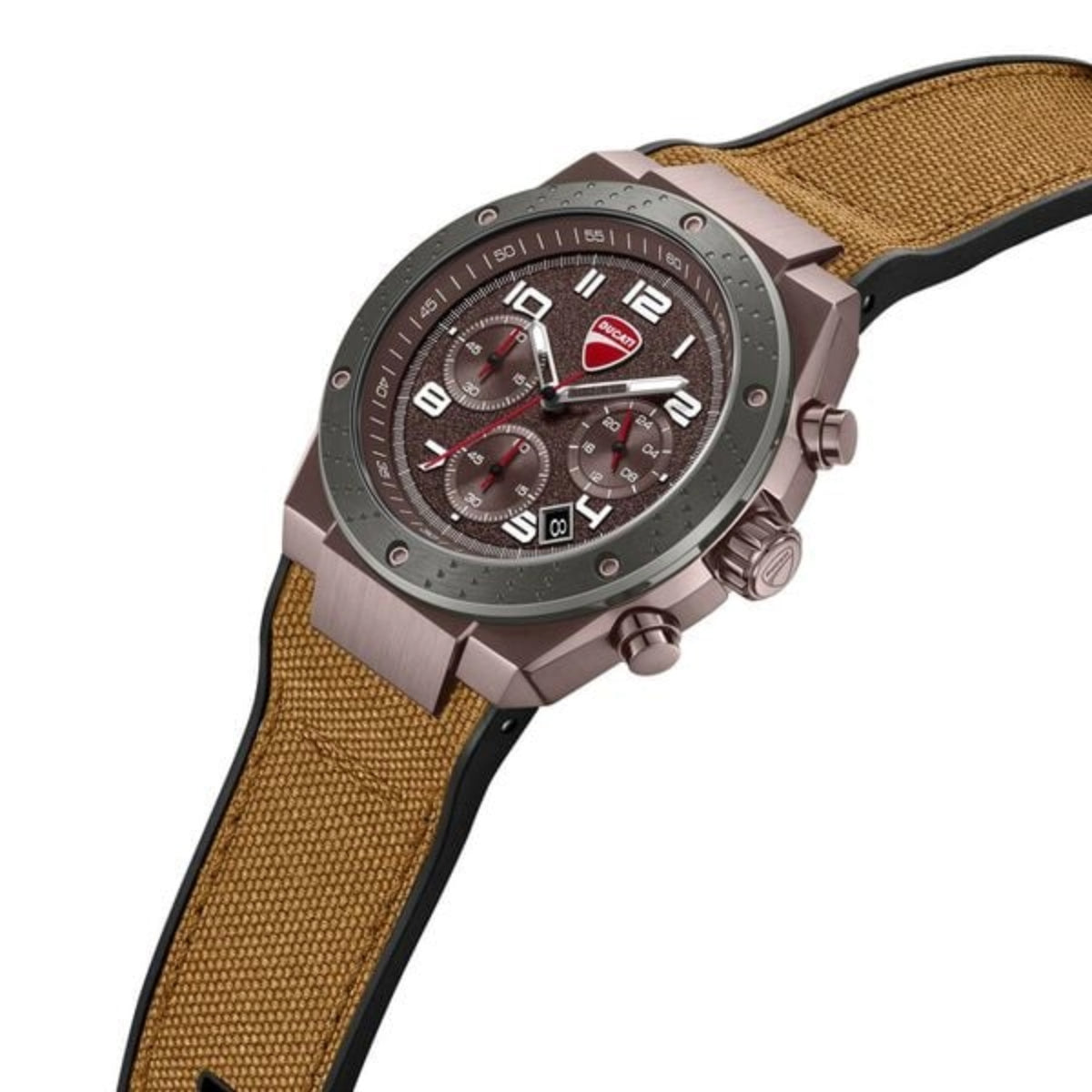 Watch with brown strap and detailed face on a white background