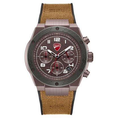 Wristwatch with brown strap and detailed face on a white background