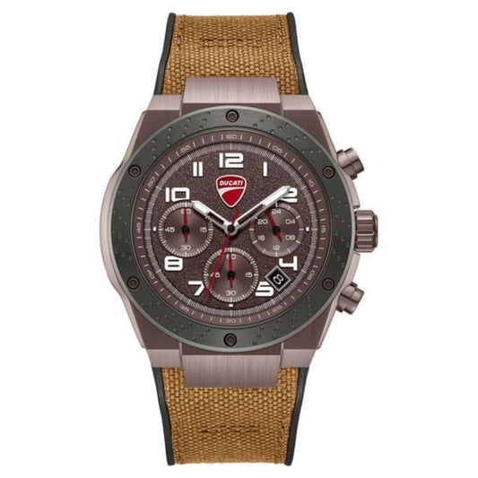 Wristwatch with brown strap and detailed face on a white background