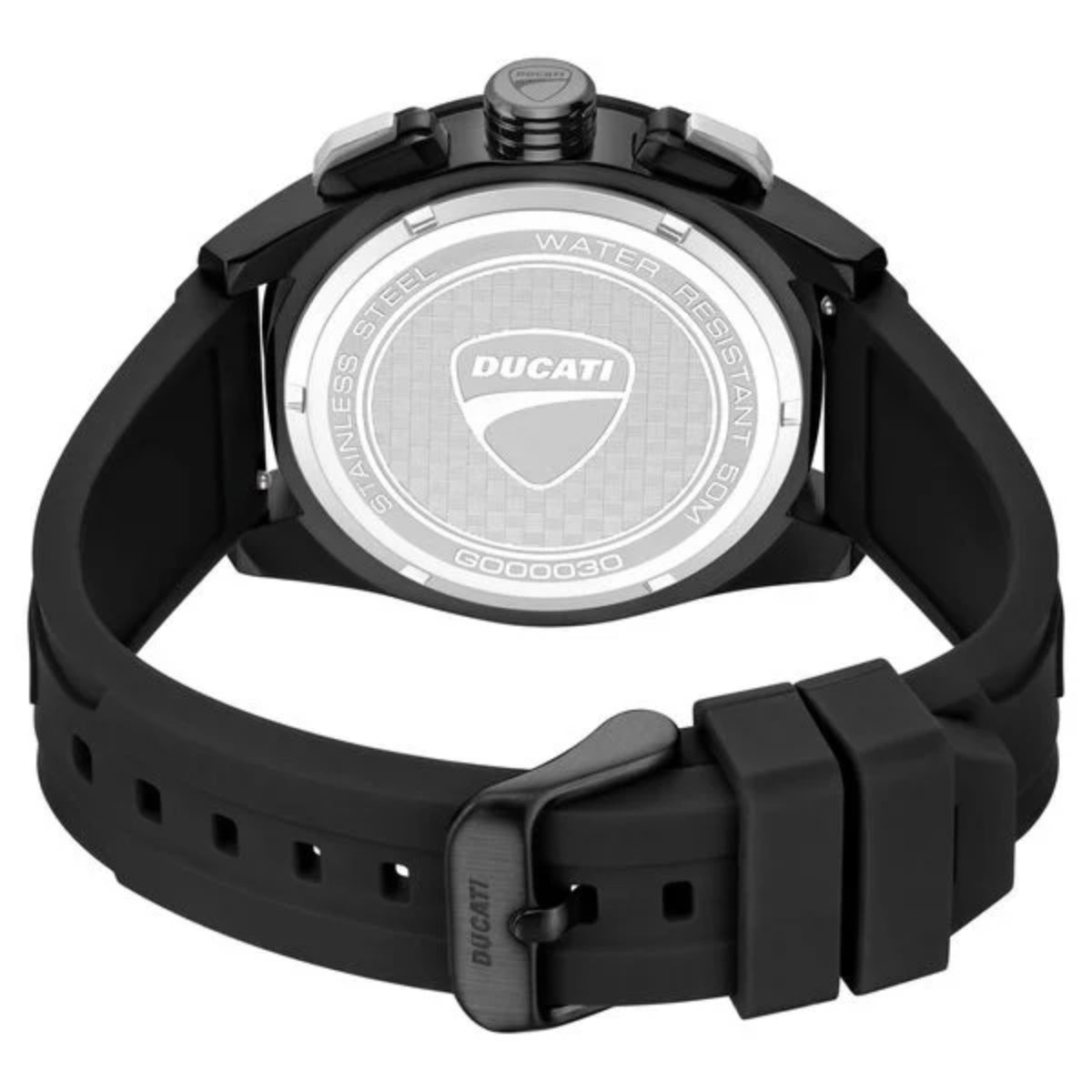 Black Ducati watch with a detailed case back on a white background