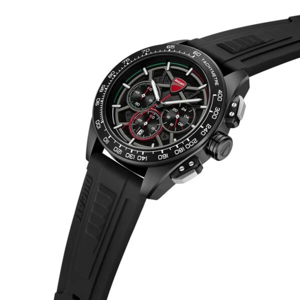 Black wristwatch with detailed face on a white background