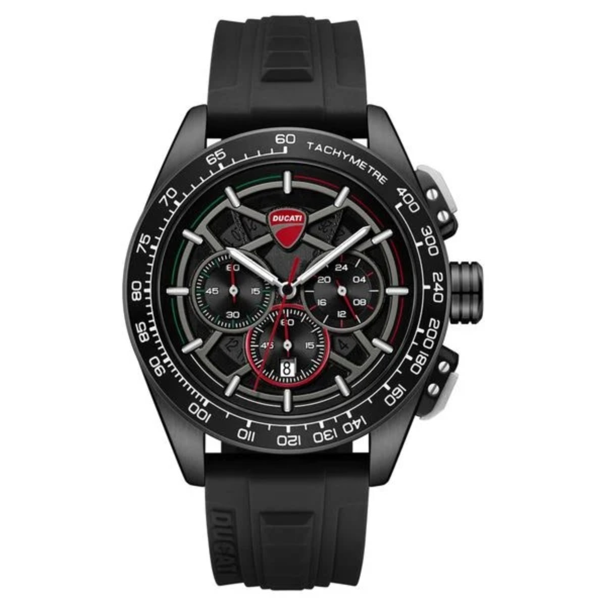 Black Ducati watch with detailed face on a white background