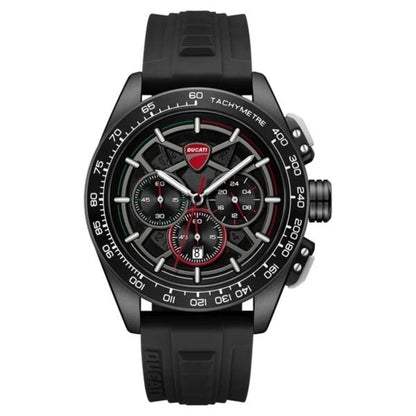 Black Ducati watch with detailed face on a white background