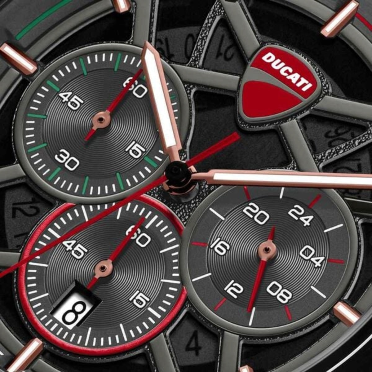Close-up of a Ducati-branded watch with detailed dials and hands.