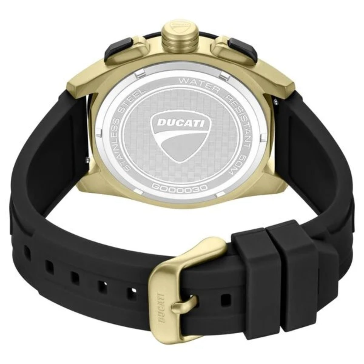 Ducati watch with black strap and gold accents on a white background