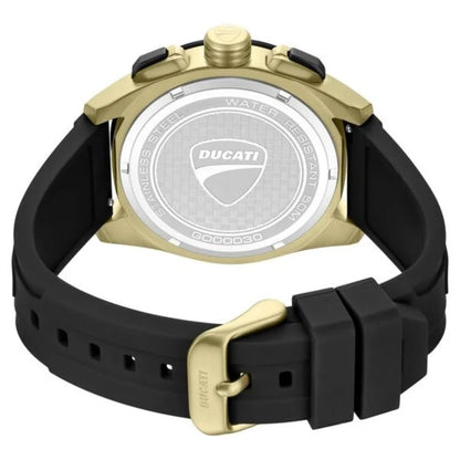 Ducati watch with black strap and gold accents on a white background