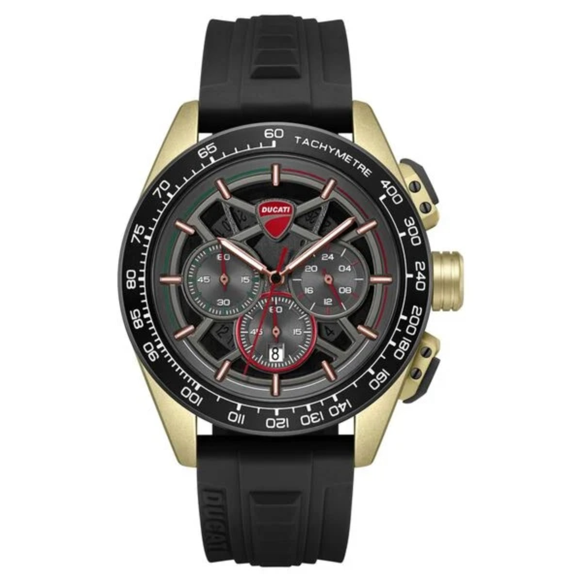 Luxury watch with black strap and detailed face on a white background