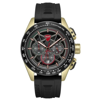 Luxury watch with black strap and detailed face on a white background