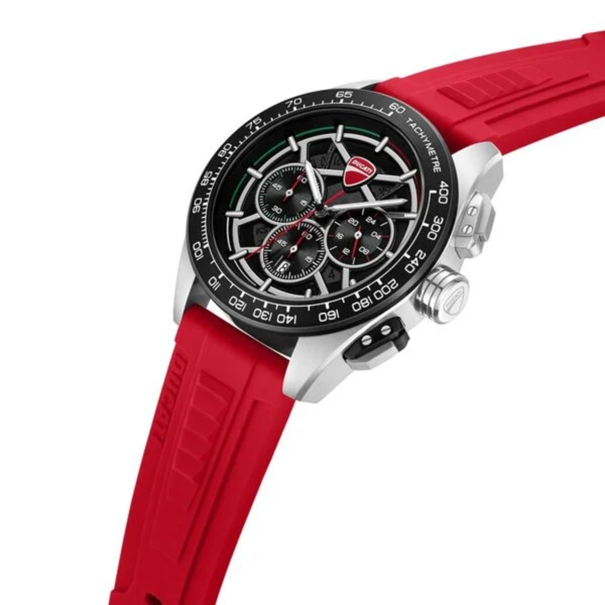 Watch with a red strap and black dial on a white background