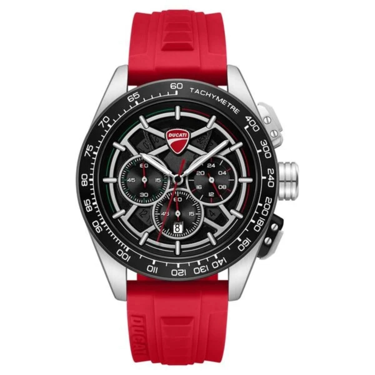 Watch with red strap and black dial on a white background