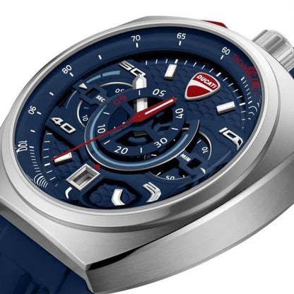 Ducati watch with blue face and silver case on a white background
