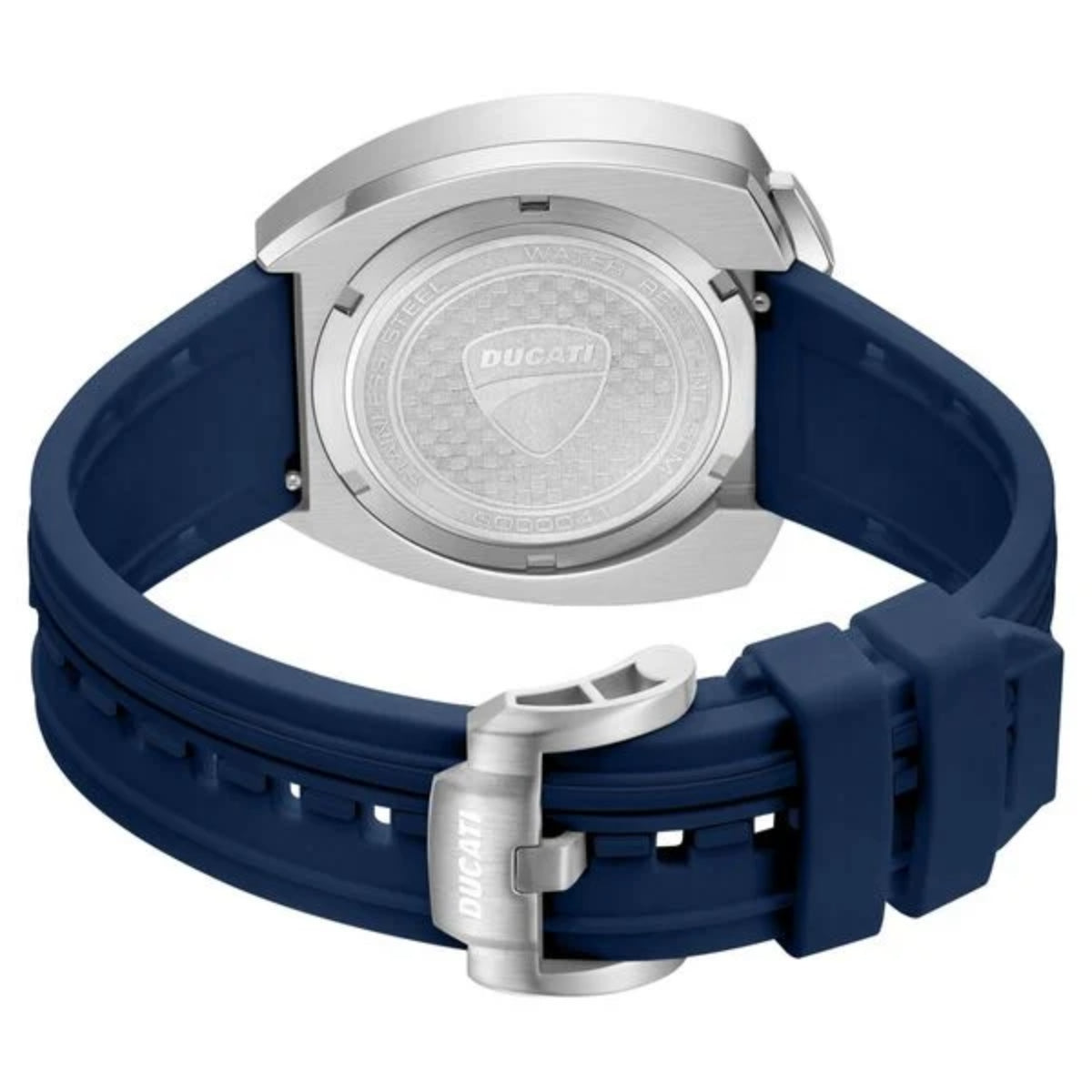 Wristwatch with blue strap and silver case on a white background