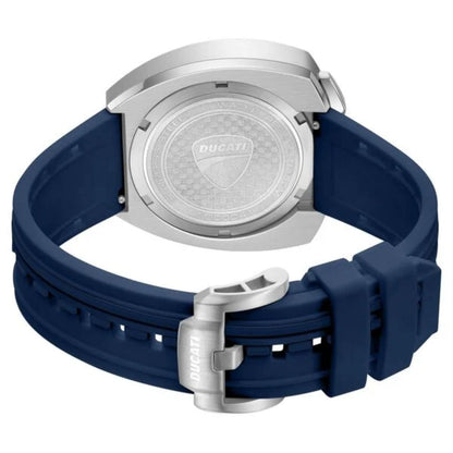 Wristwatch with blue strap and silver case on a white background