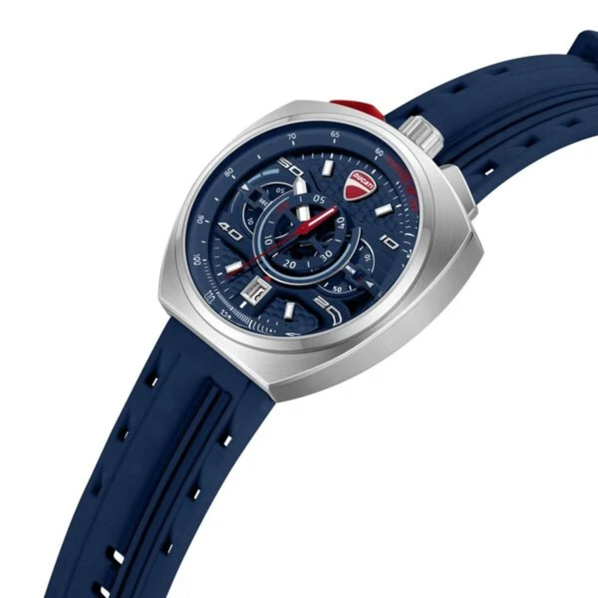 Watch with blue strap and silver case on a white background