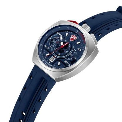 Watch with blue strap and silver case on a white background