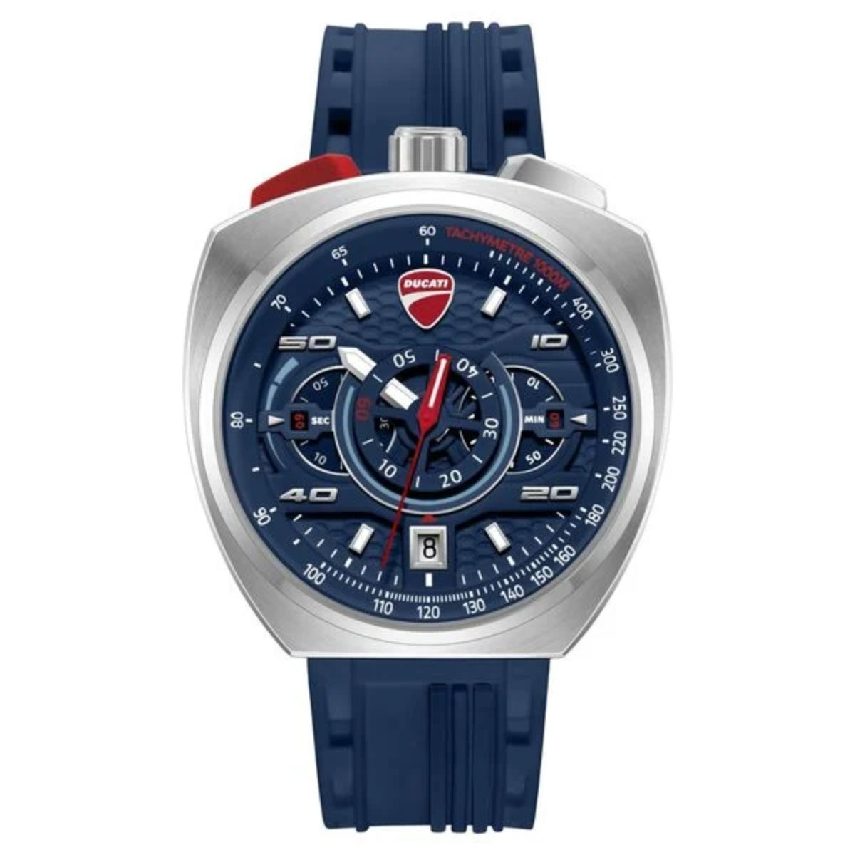 Ducati watch with blue strap and blue dial on a white background