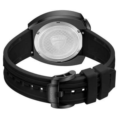 Black Ducati watch with a detailed back cover on a white background