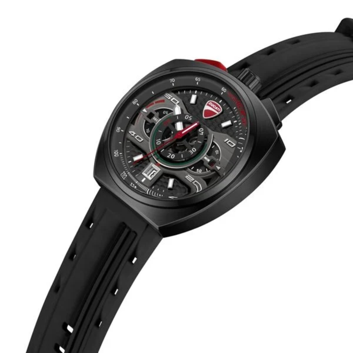 Black wristwatch with detailed face on a white background