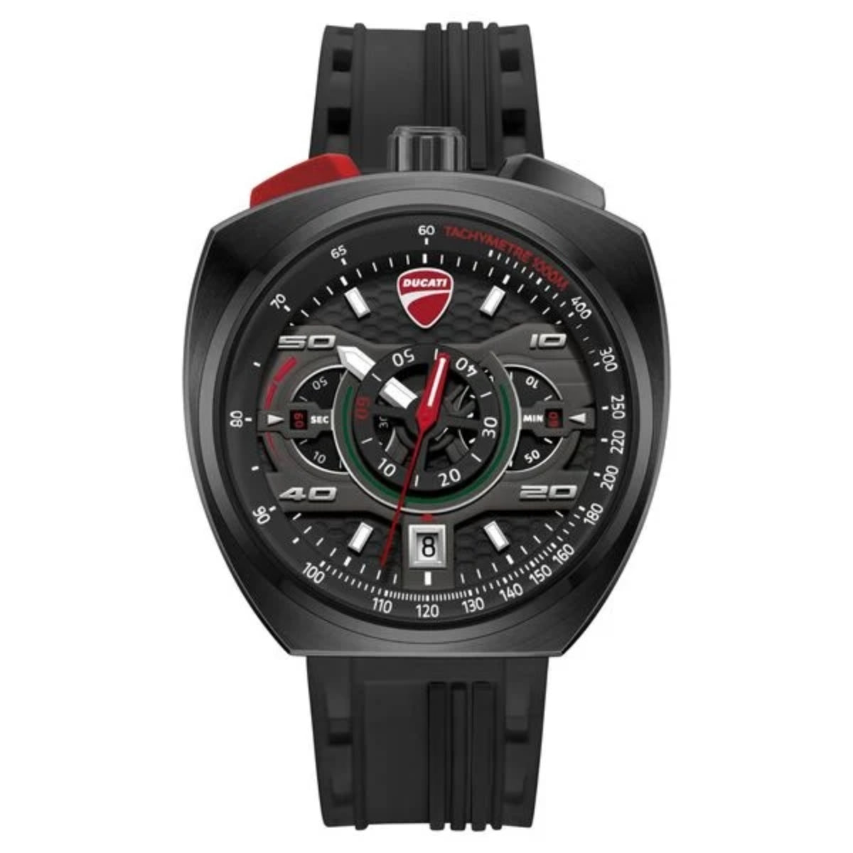 Black Ducati watch with red accents on a white background