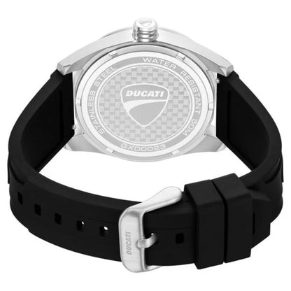 Ducati watch with black strap and silver case on a white background