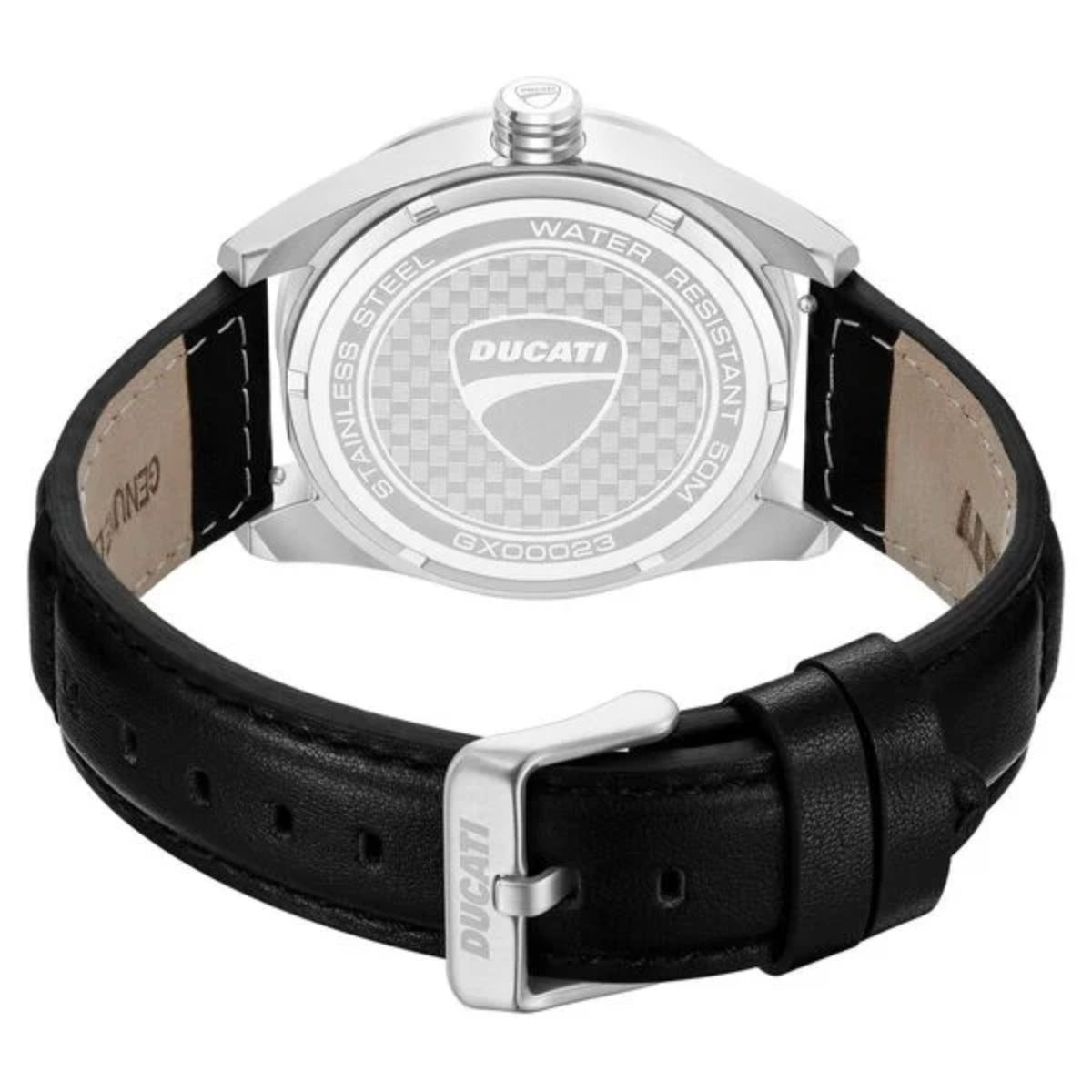 Ducati watch with black leather strap and silver case on a white background