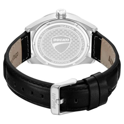 Ducati watch with black leather strap and silver case on a white background