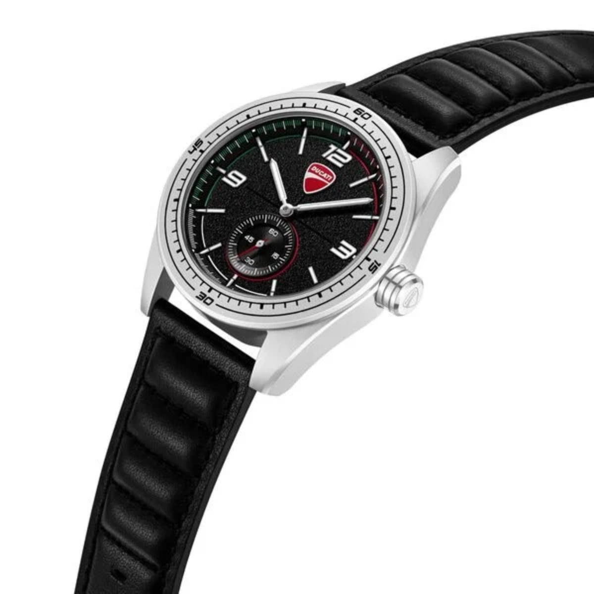 Watch with black strap and black face on a white background