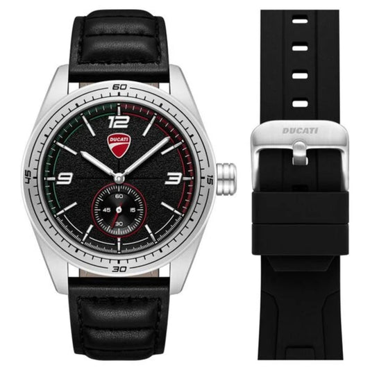 Ducati watch with black strap and silver case on a white background