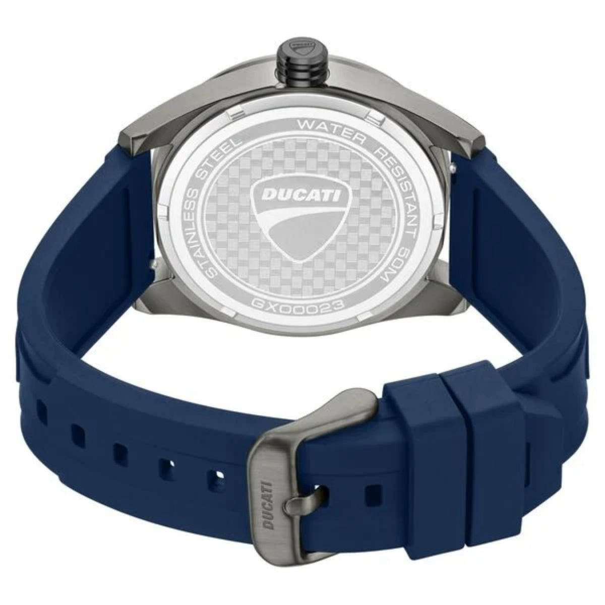 Ducati watch with blue strap and silver case on a white background