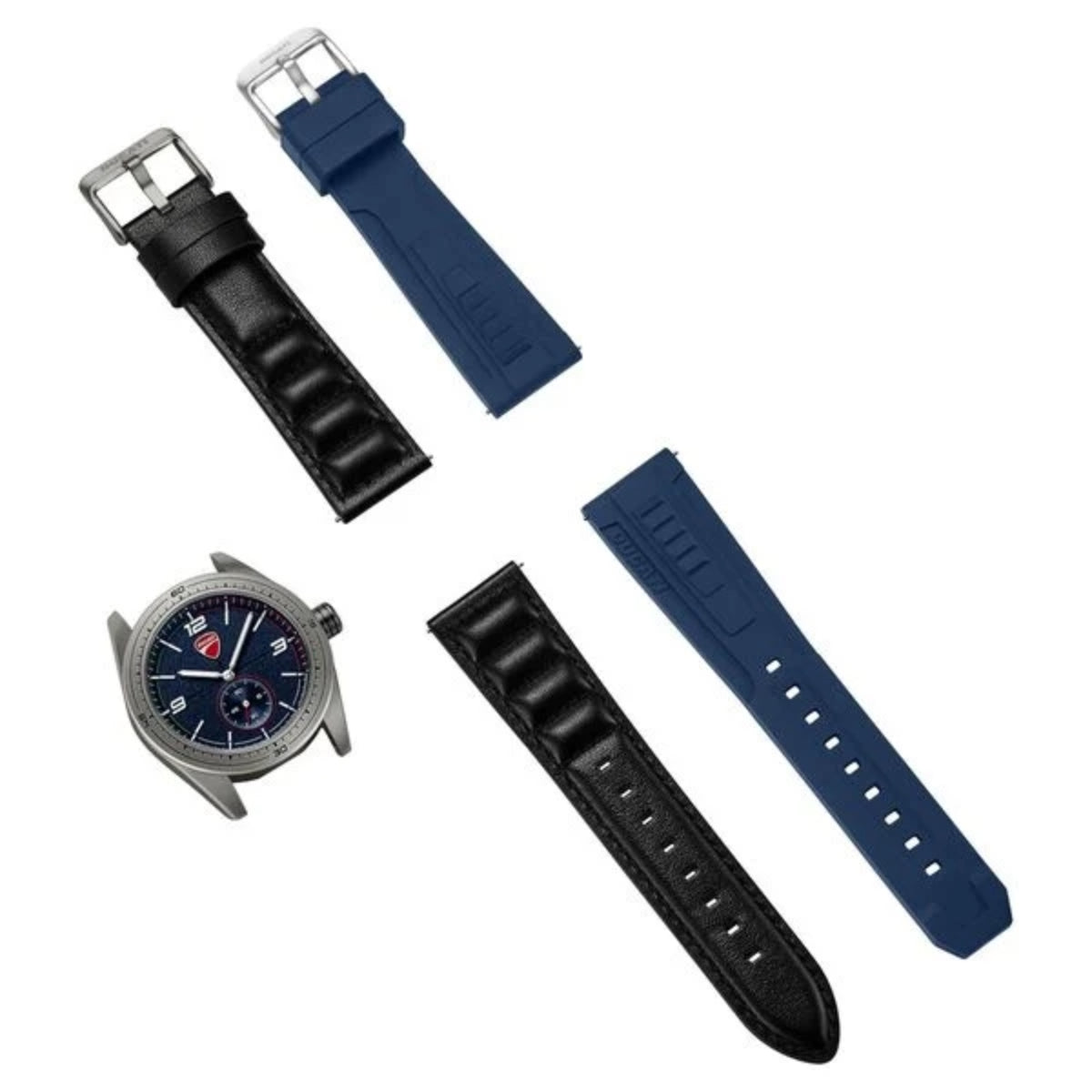 Set of watch straps in black and blue with a watch face on a white background