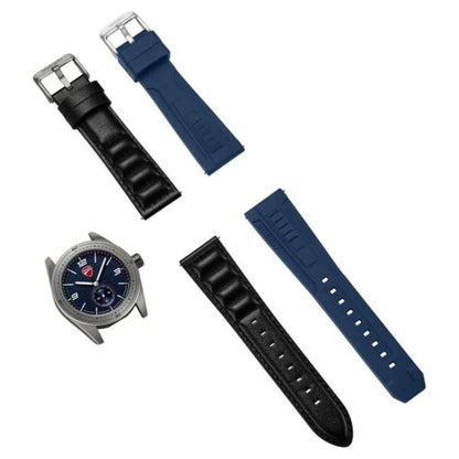 Set of watch straps in black and blue with a watch face on a white background