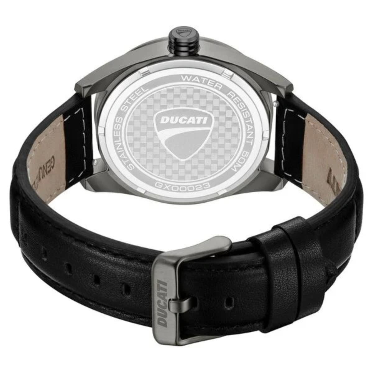 Ducati watch with black leather strap and silver case on a white background