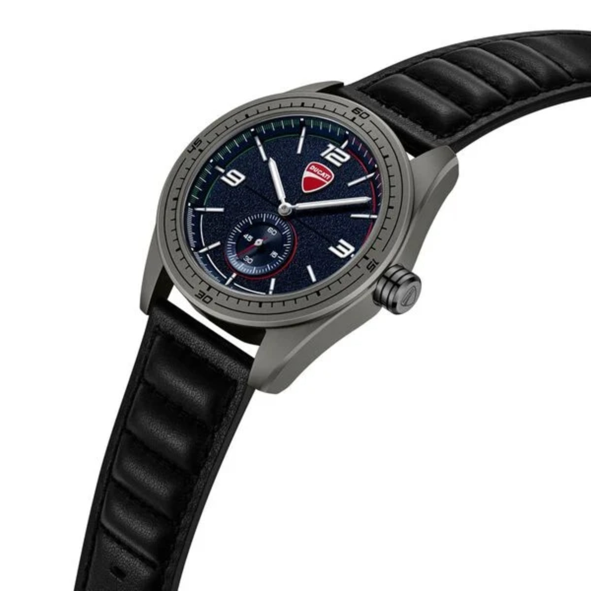 Watch with black strap and blue dial on a white background