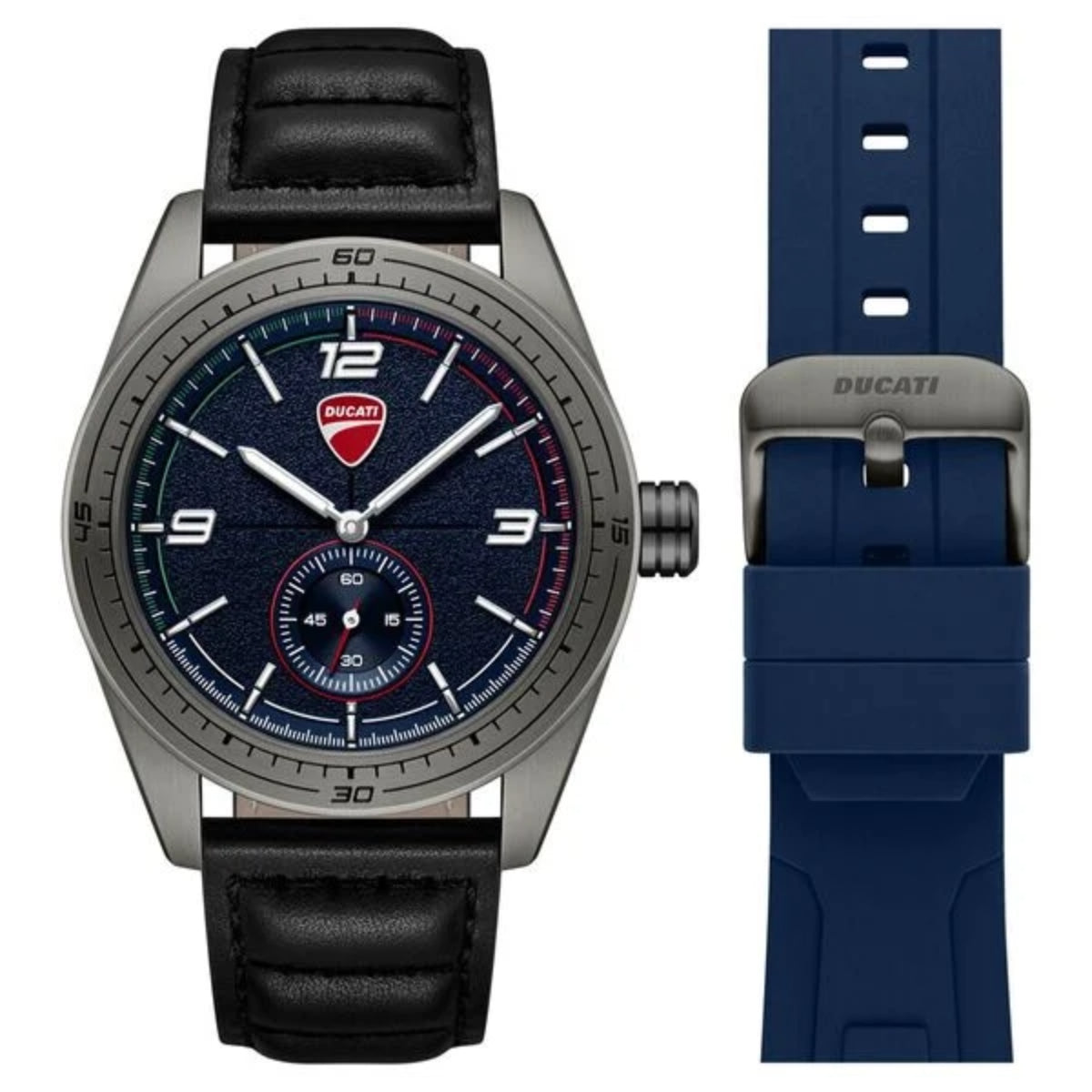 Ducati watch with black leather strap and blue rubber strap on a white background