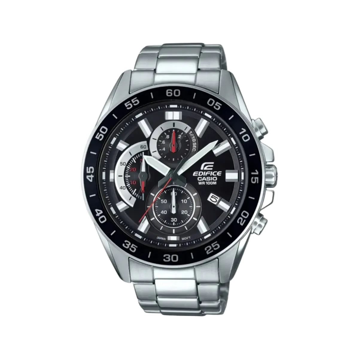 Silver Edifice watch with black dial on a white background