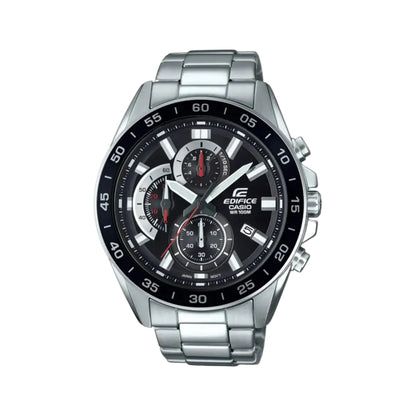 Silver Edifice watch with black dial on a white background