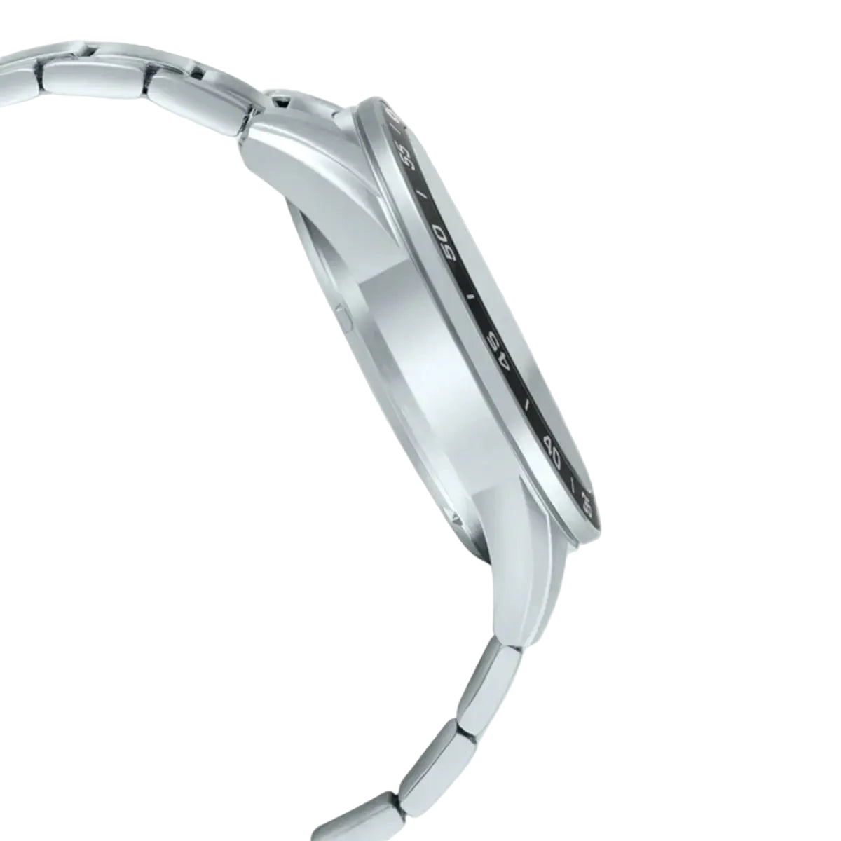 Close-up of a silver watch with a white background