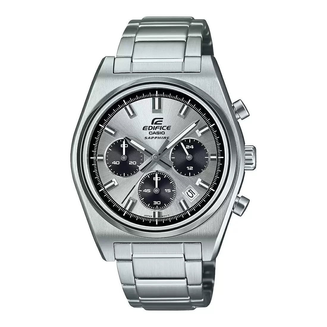 A Casio Edifice EFB-730D-7AVUDF watch with a silver band and dial, along with a chronograph feature.