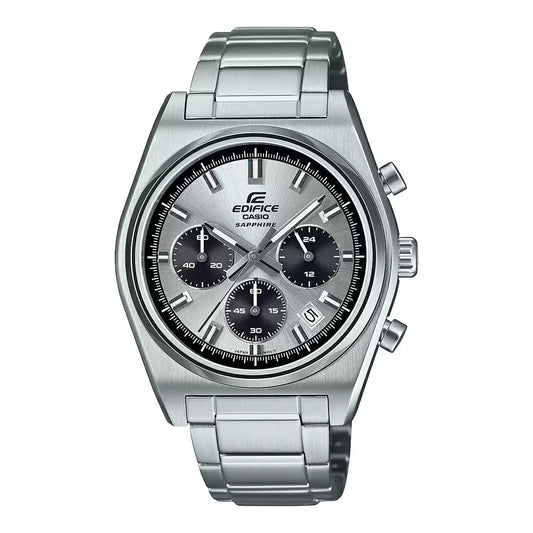 A Casio Edifice EFB-730D-7AVUDF watch with a silver band and dial, along with a chronograph feature.