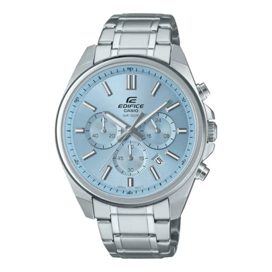Silver Casio Edifice watch with a light blue face on a white background