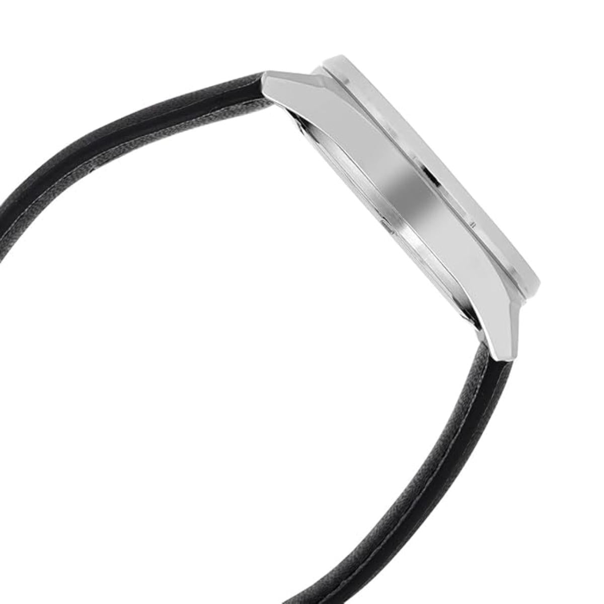 Close-up of a silver watch band with a black strap on a white background