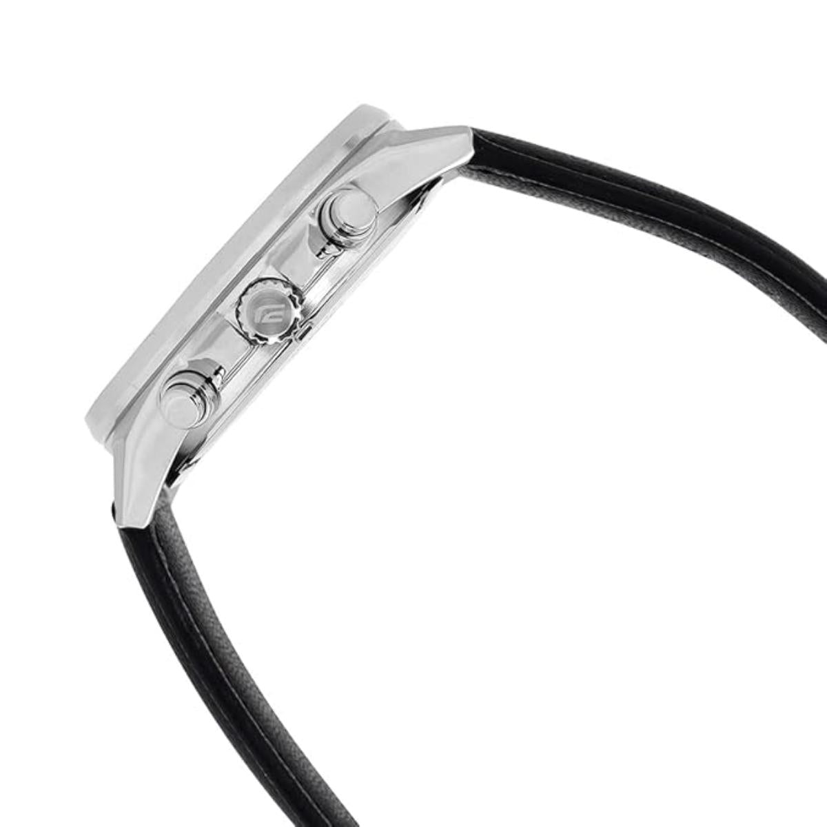 Close-up of a silver watch case with black strap on a white background