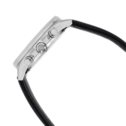 Close-up of a silver watch case with black strap on a white background