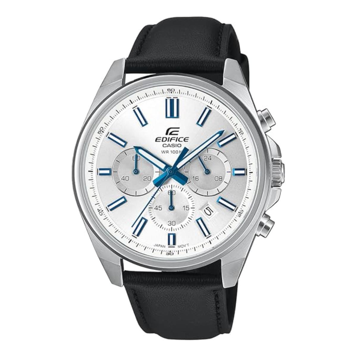 Casio Edifice watch with black strap and white face on a white background