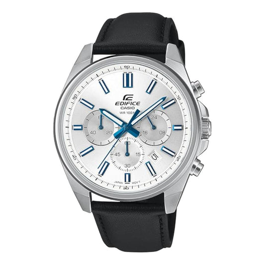 Casio Edifice watch with black strap and white face on a white background