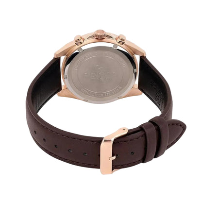 Watch with brown leather strap and rose gold casing on a light gray background