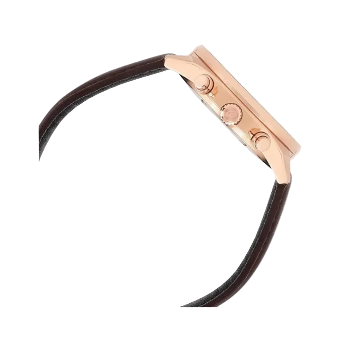 Rose gold watch with brown leather strap on a light gray background