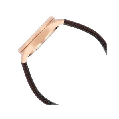 Rose gold watch with brown leather strap on a light gray background