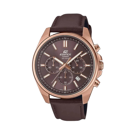 Casio Edifice watch with brown leather strap and rose gold casing on a white background