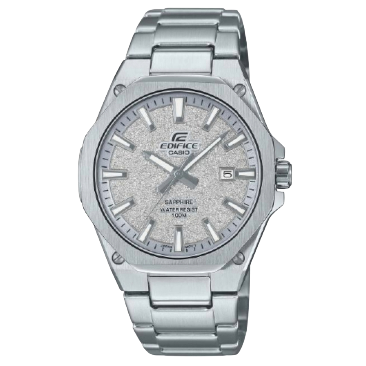 Silver Casio Edifice watch on a white background